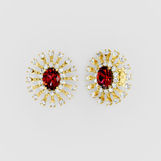 Stephanie - 18K Gold Oval Ruby & Double Moissanite Halo Stud Earrings" (Descriptive & Elegant)