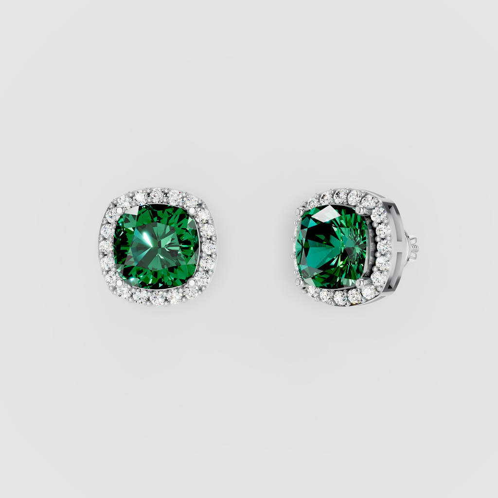 Kimberly - Solid 18K Gold Cushion Emerald with Moissanite Halo Earrings"