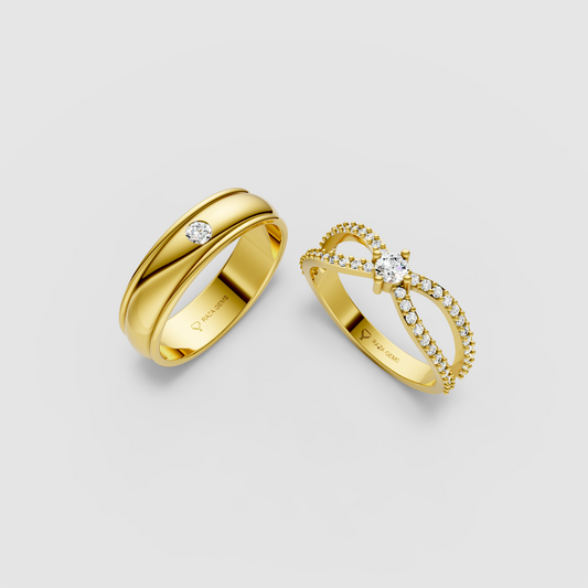 Delilah – 18K Solid Gold Moissanite Crossover Solitaire & Flush-Set Band Set
