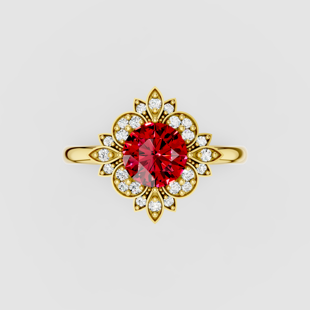 Grace – Round Ruby & Moissanite Petal Halo Ring in 18KT Gold
