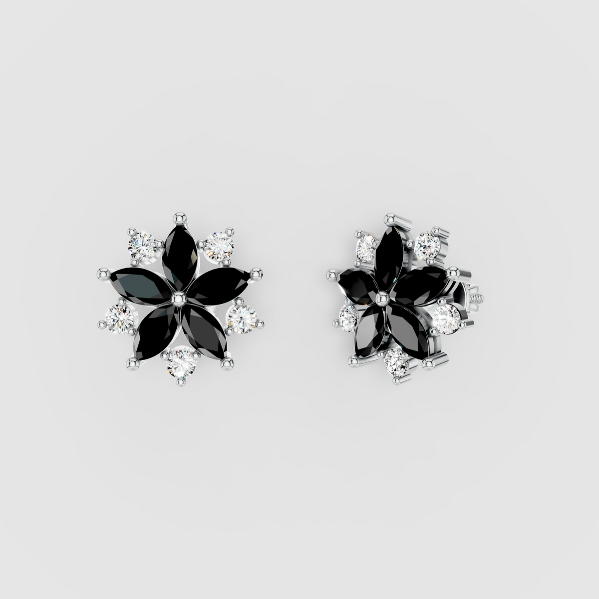 Susan - Black Spinel & Moissanite Flower Earrings in 18K Gold