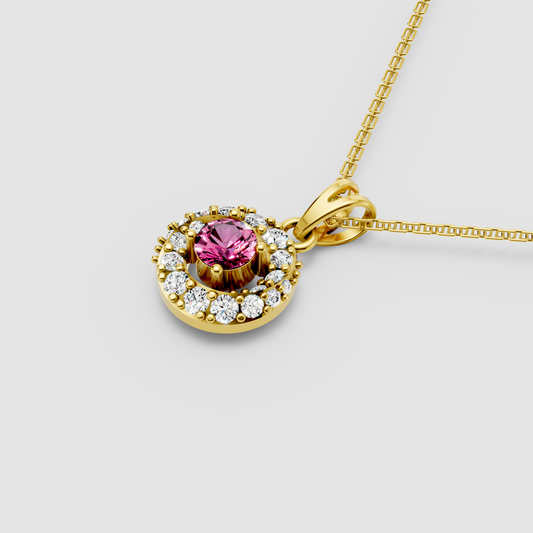 Daisy – Round Pink Sapphire Solitaire Halo Pendant with Moissanite in 18KT Gold
