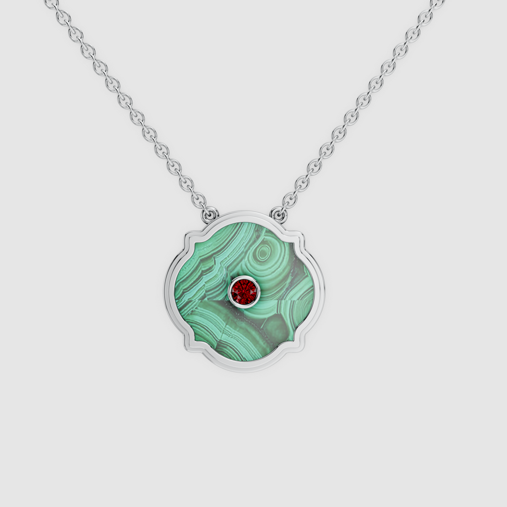 Sophia – 18K Gold Scalloped Malachite Medallion Pendant with Ruby Center Stone