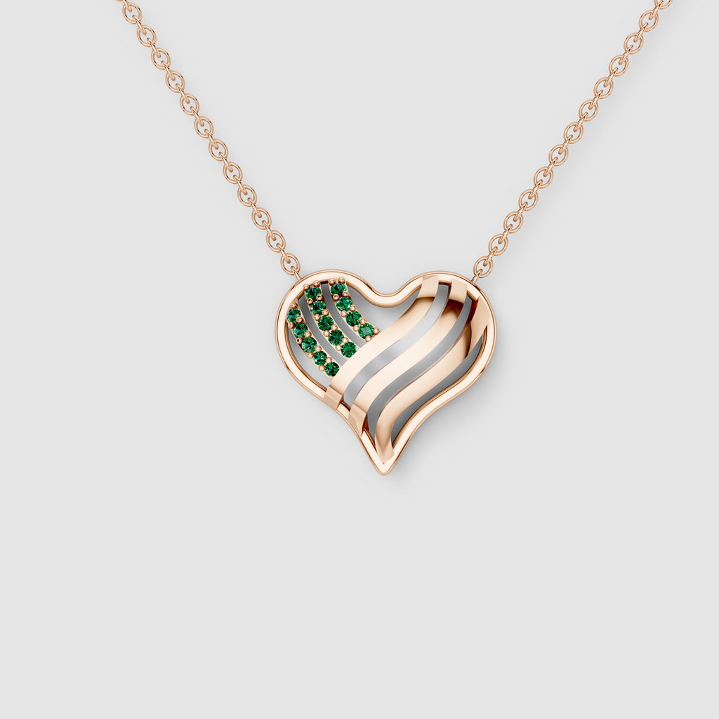 Margaret - Solid 18K Gold Open Heart Pendant with Emerald Ribbons"