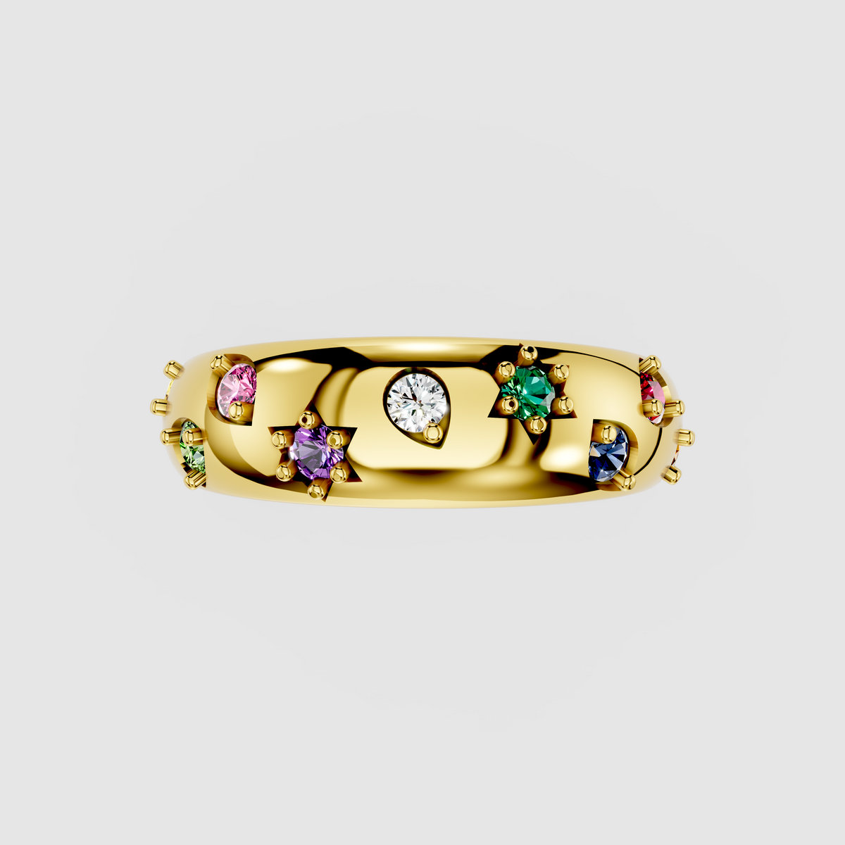 Maisie – Starburst Multi-Color Gemstone Dome Band in 18KT Gold