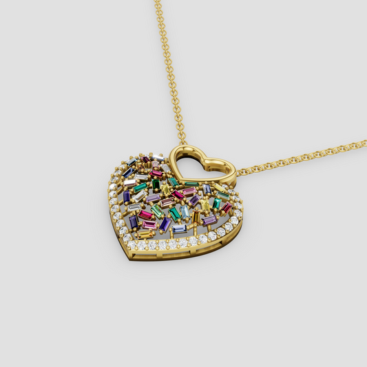 Aria – Natural Rainbow Gemstone Mosaic Heart Pendant in 18KT Gold