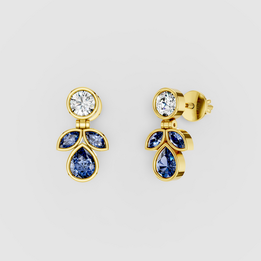 Melissa - Solid 18K Gold Blue Sapphire & Moissanite Bezel Dangle Earrings"