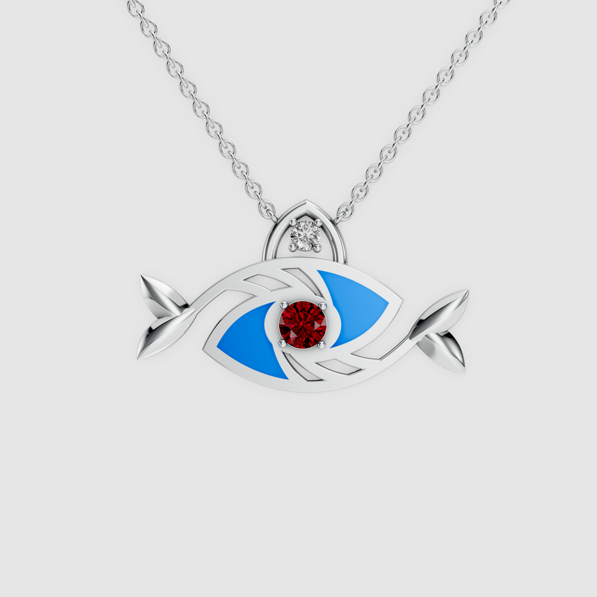 Elena – 18K Gold Evil Eye Fish Enamel Pendant with Ruby & Moissanite