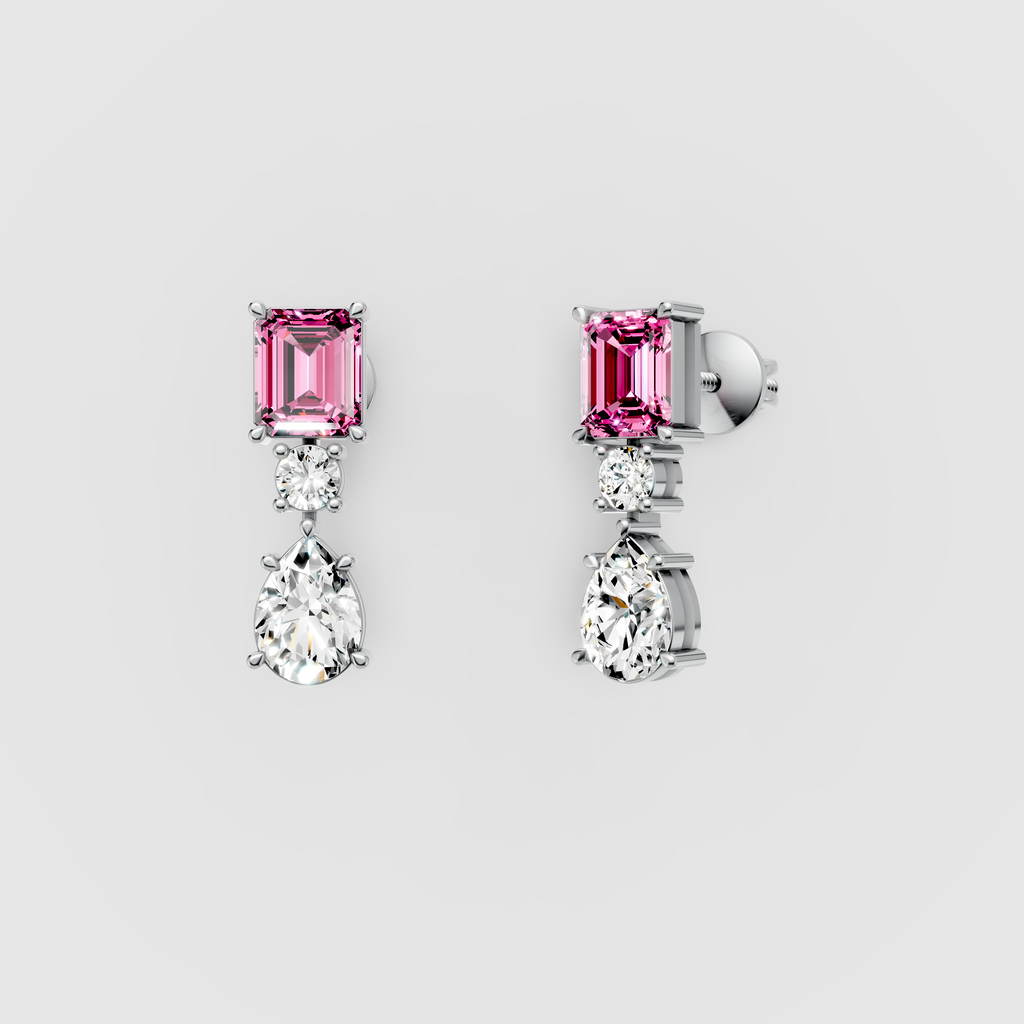 Amanda - 18K Gold Emerald-Cut Pink Tourmaline & Moissanite Drop Earrings"