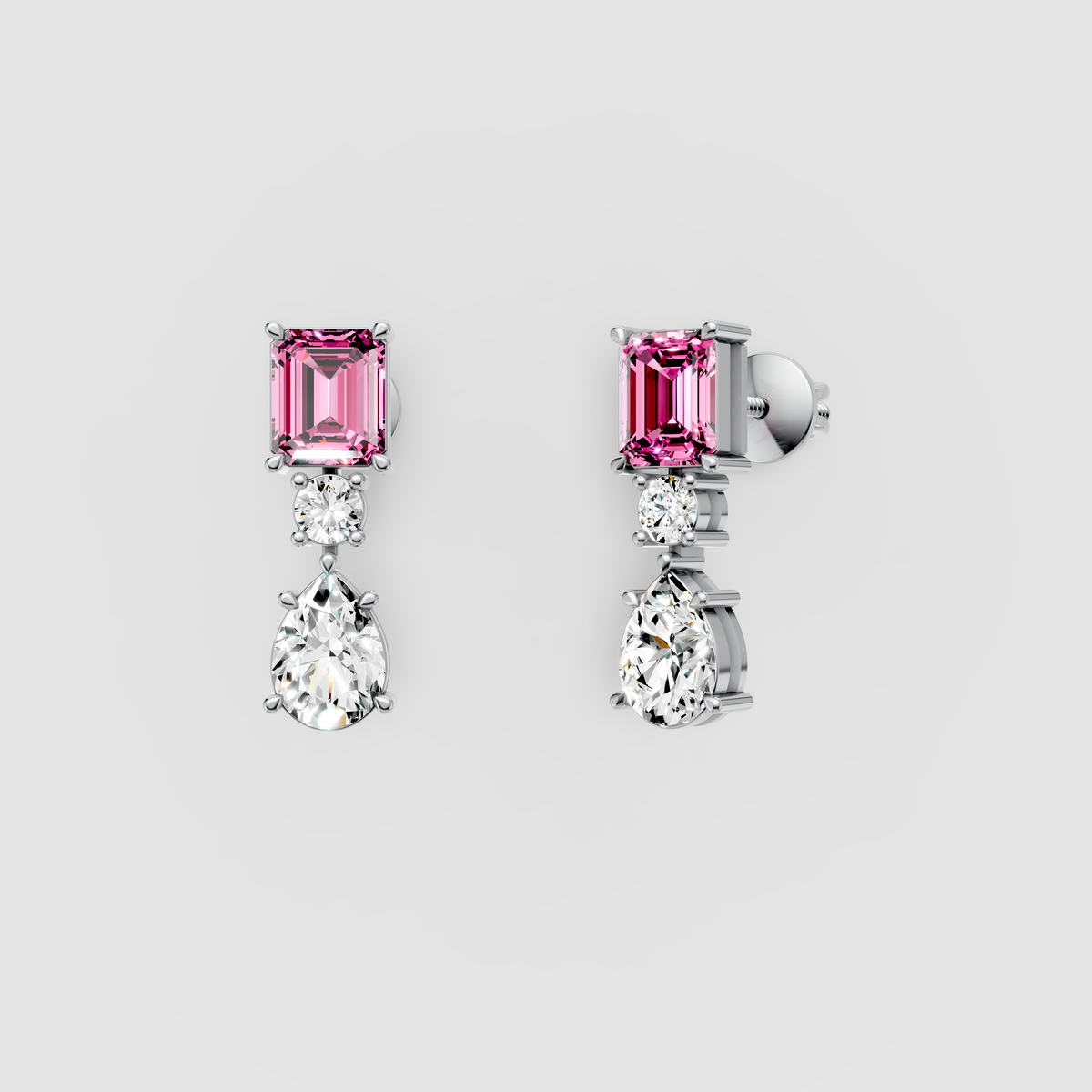 Amanda - 18K Gold Emerald-Cut Pink Tourmaline & Moissanite Drop Earrings"