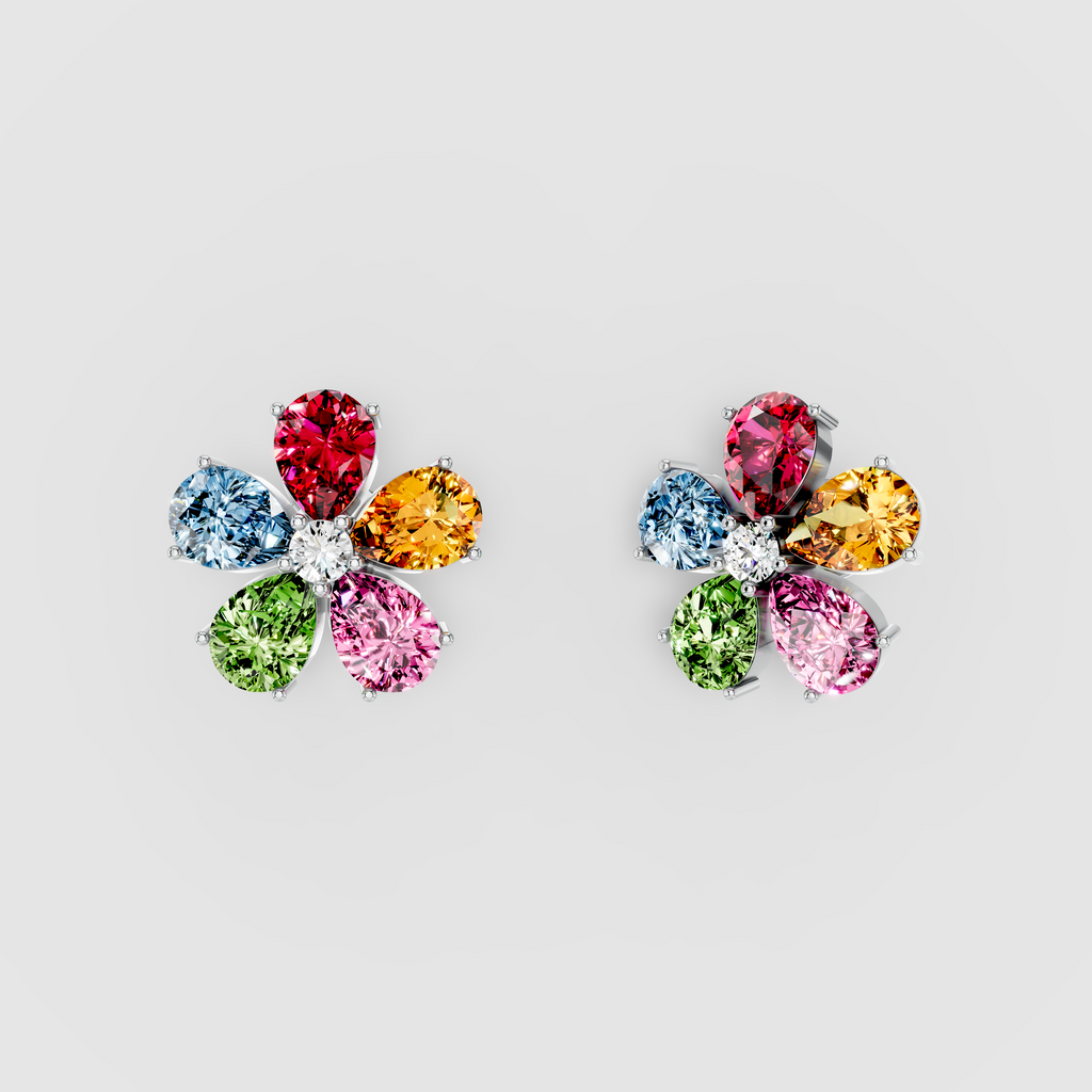 Emily - Solid 18K Gold Multi-Color Gemstone Blossom Stud Earrings
