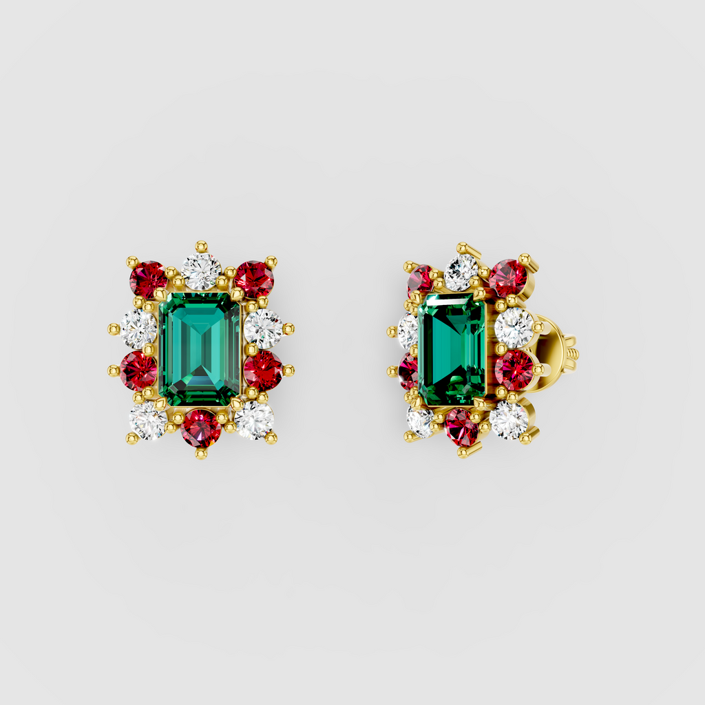 Deborah - Solid 18K Gold Emerald Gemstone with Ruby & Moissanite Starburst Halo Earrings" (Luxurious & Catchy)