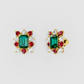 Deborah - Solid 18K Gold Emerald Gemstone with Ruby & Moissanite Starburst Halo Earrings" (Luxurious & Catchy)