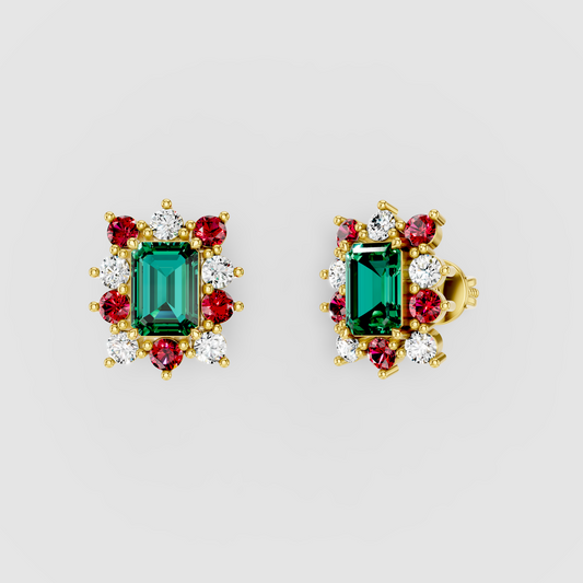 Deborah - Solid 18K Gold Emerald Gemstone with Ruby & Moissanite Starburst Halo Earrings" (Luxurious & Catchy)