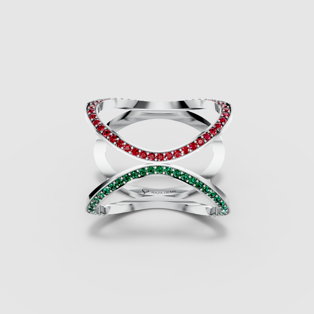 Sophia - 18K Gold Pavé Emerald, Ruby & Moissanite Cage Ring