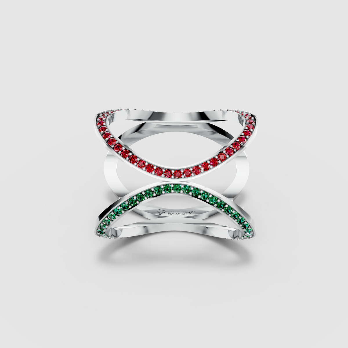 Sophia - 18K Gold Pavé Emerald, Ruby & Moissanite Cage Ring
