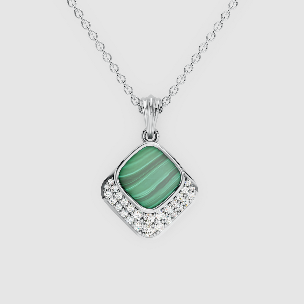 Olivia – 18K Gold Cushion Malachite & Moissanite Diamond-Frame Pendant