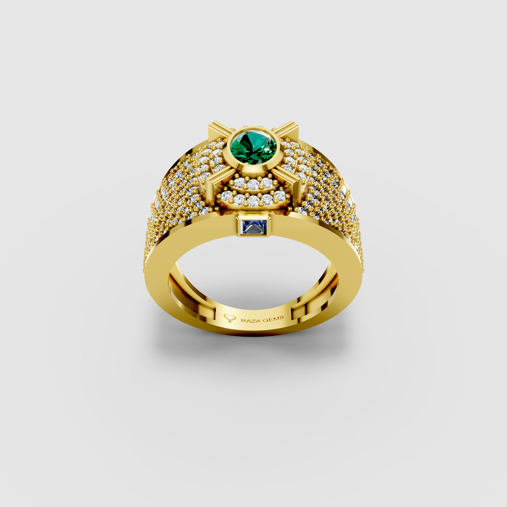 Camille - Solid 18K Gold Round Emerald, Moissanite Pavé & Blue Sapphire Ring