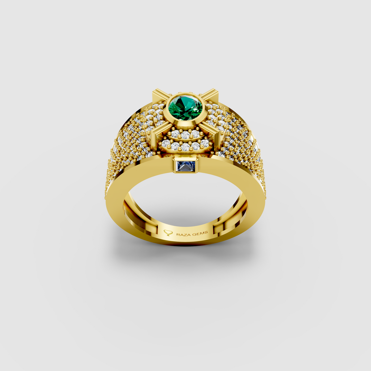 Camille - Solid 18K Gold Round Emerald, Moissanite Pavé & Blue Sapphire Ring