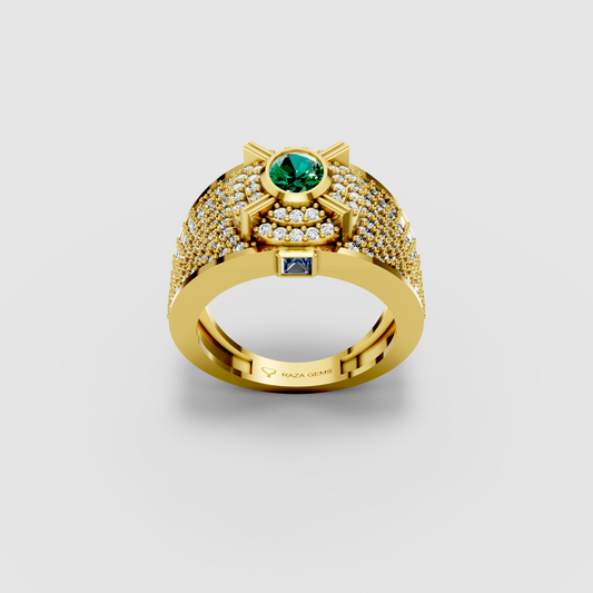 Camille - Solid 18K Gold Round Emerald, Moissanite Pavé & Blue Sapphire Ring