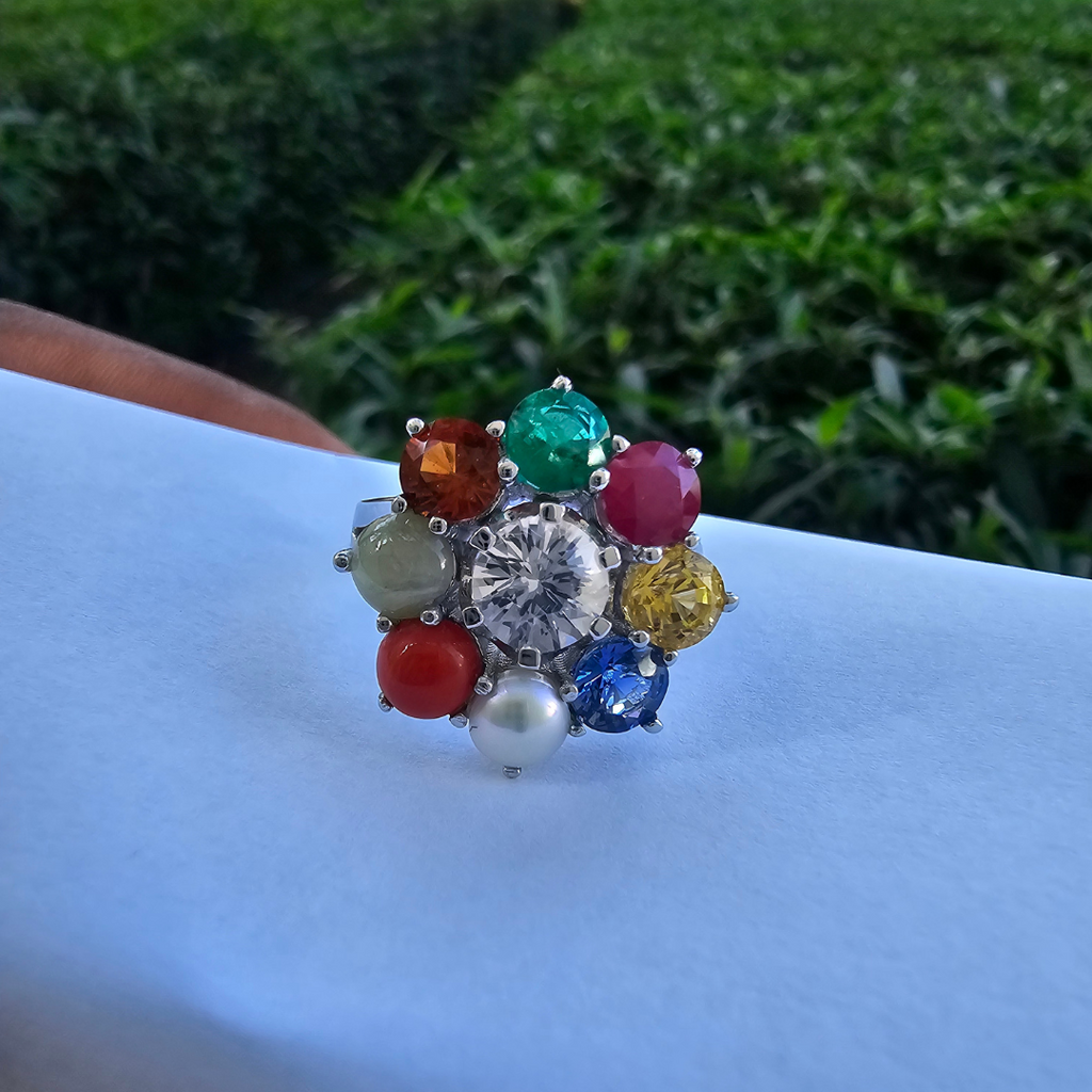 Navratna Ring in 18K White Gold for Men and Women