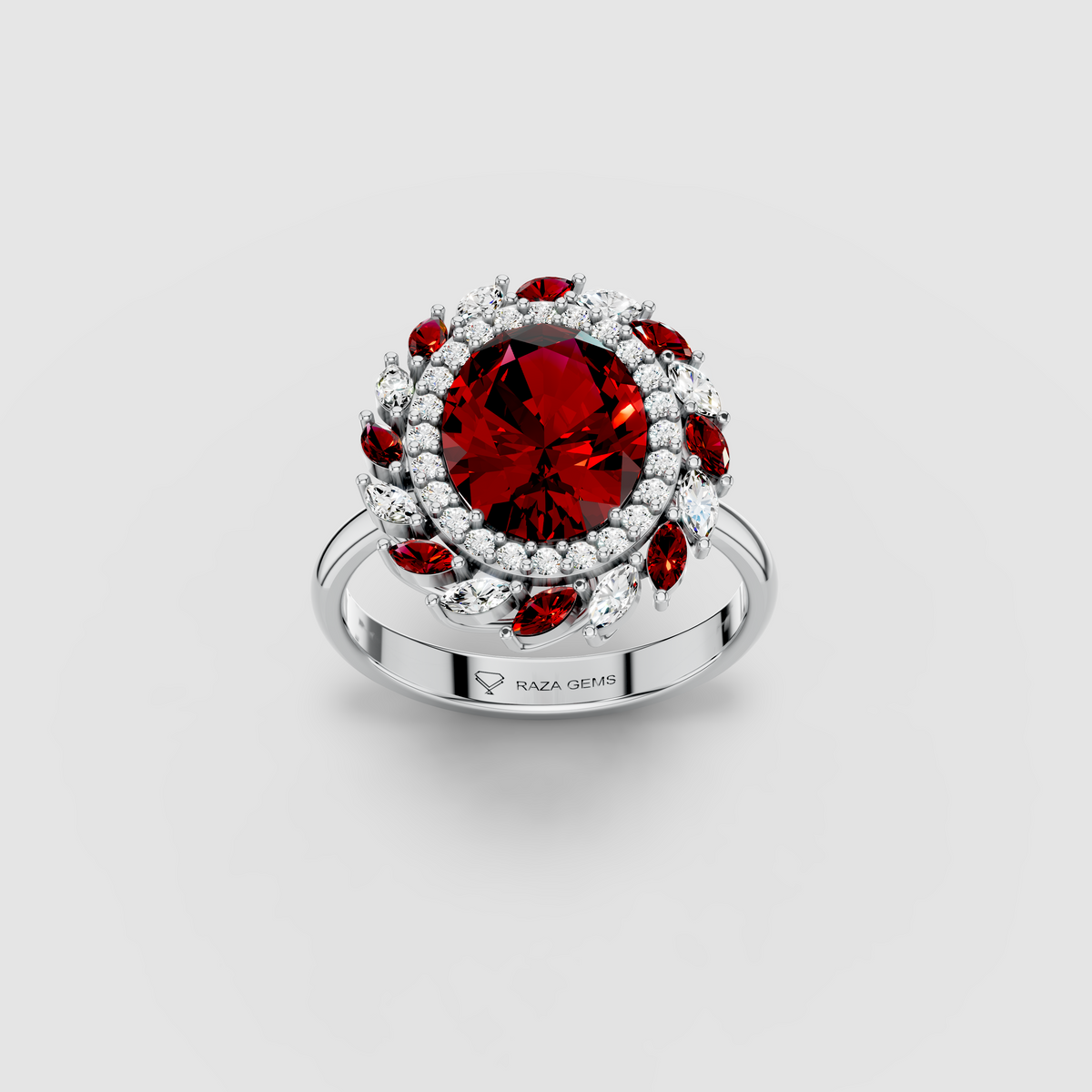 Olivia - Solid 18K Gold Oval Ruby & Marquise Moissanite Cluster Ring