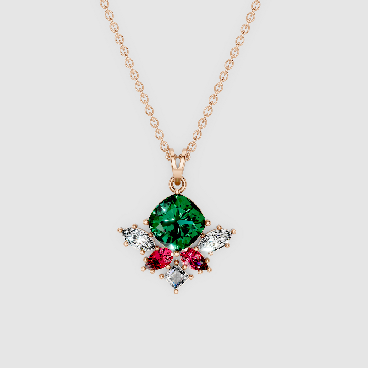 Amelia – 18K Gold Cushion Emerald Cluster Pendant with Ruby & Marquise Moissanite