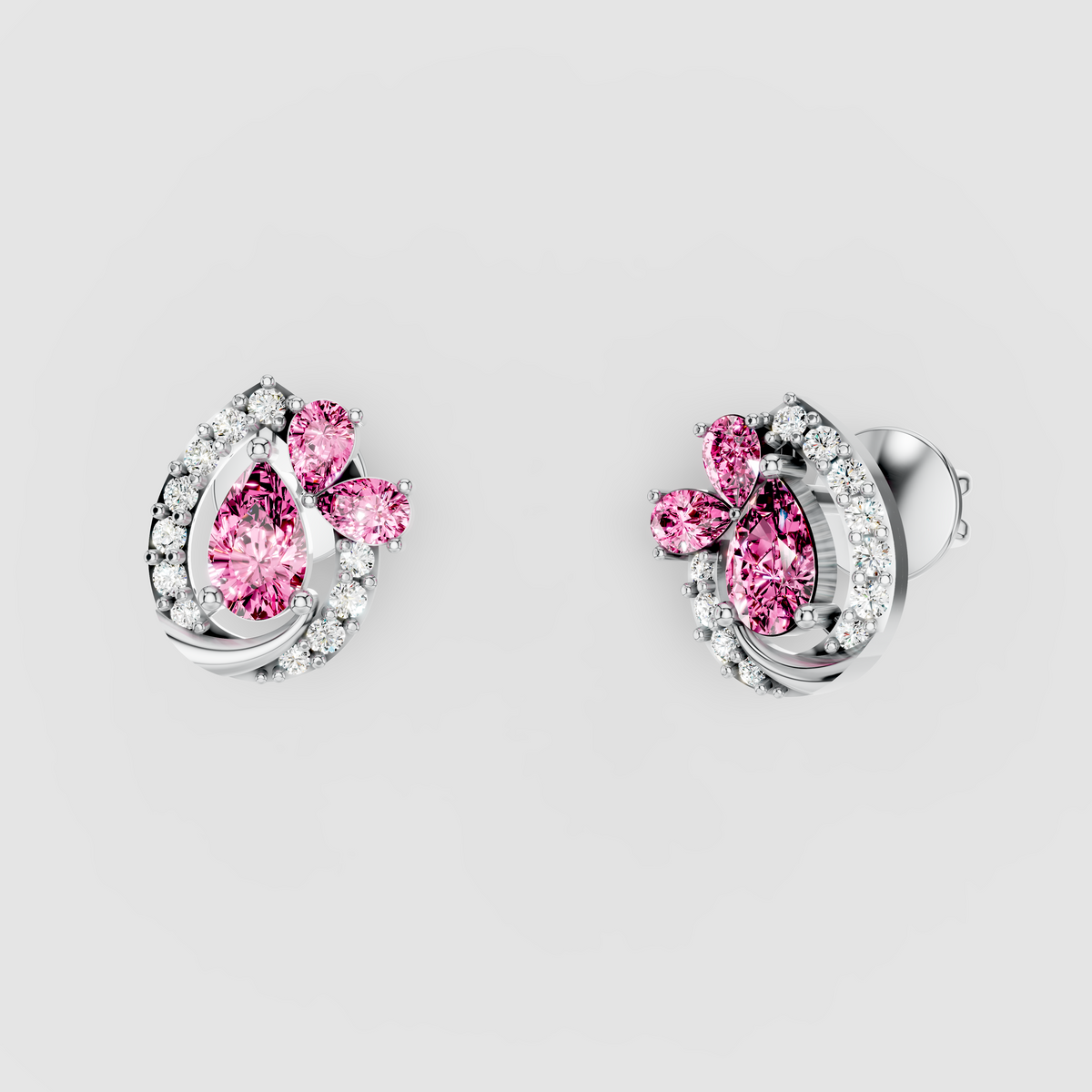 Shirley - Solid 18K Gold Pink Sapphire Cluster & Moissanite Swirl Earrings"