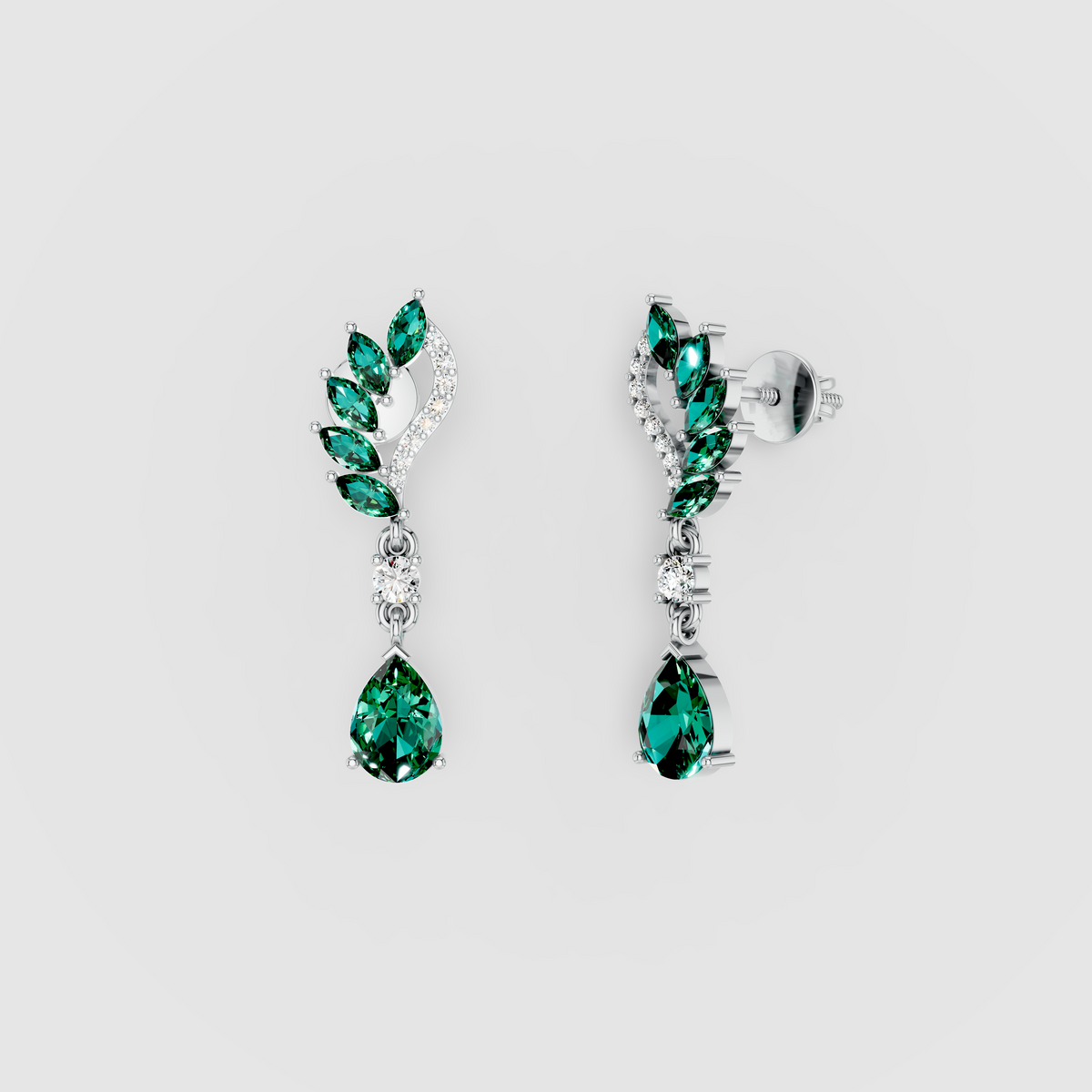 Angela - 18K Gold Marquise & Pear Emerald with Moissanite Earrings"