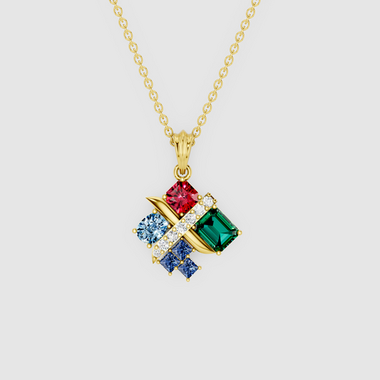 Iris – 18K Gold Multi-Gemstone Mosaic Pendant with Emerald, Ruby, Blue Sapphire, Sky Blue Topaz & Moissanite