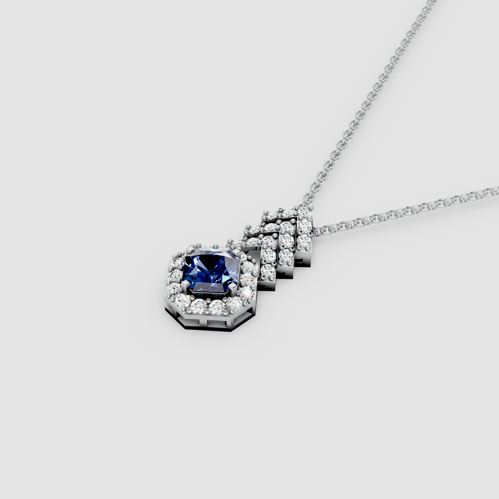 Royal Chevron – Square Blue Sapphire Halo Pendant with Moissanite in 18KT Gold