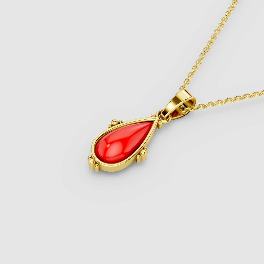 Marina – Teardrop Red Coral Bezel Drop Pendant in 18KT Gold