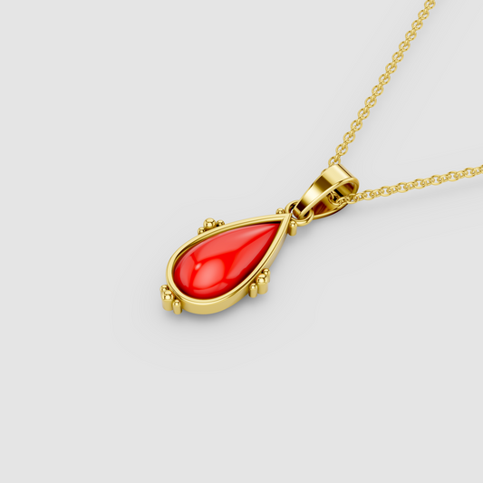 Marina – Teardrop Red Coral Bezel Drop Pendant in 18KT Gold
