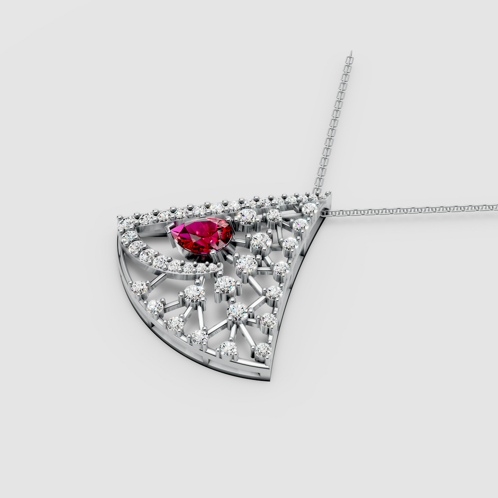 Aurora – Pear Ruby Solitaire Fan-Shaped Pendant with Moissanite in 18KT Gold