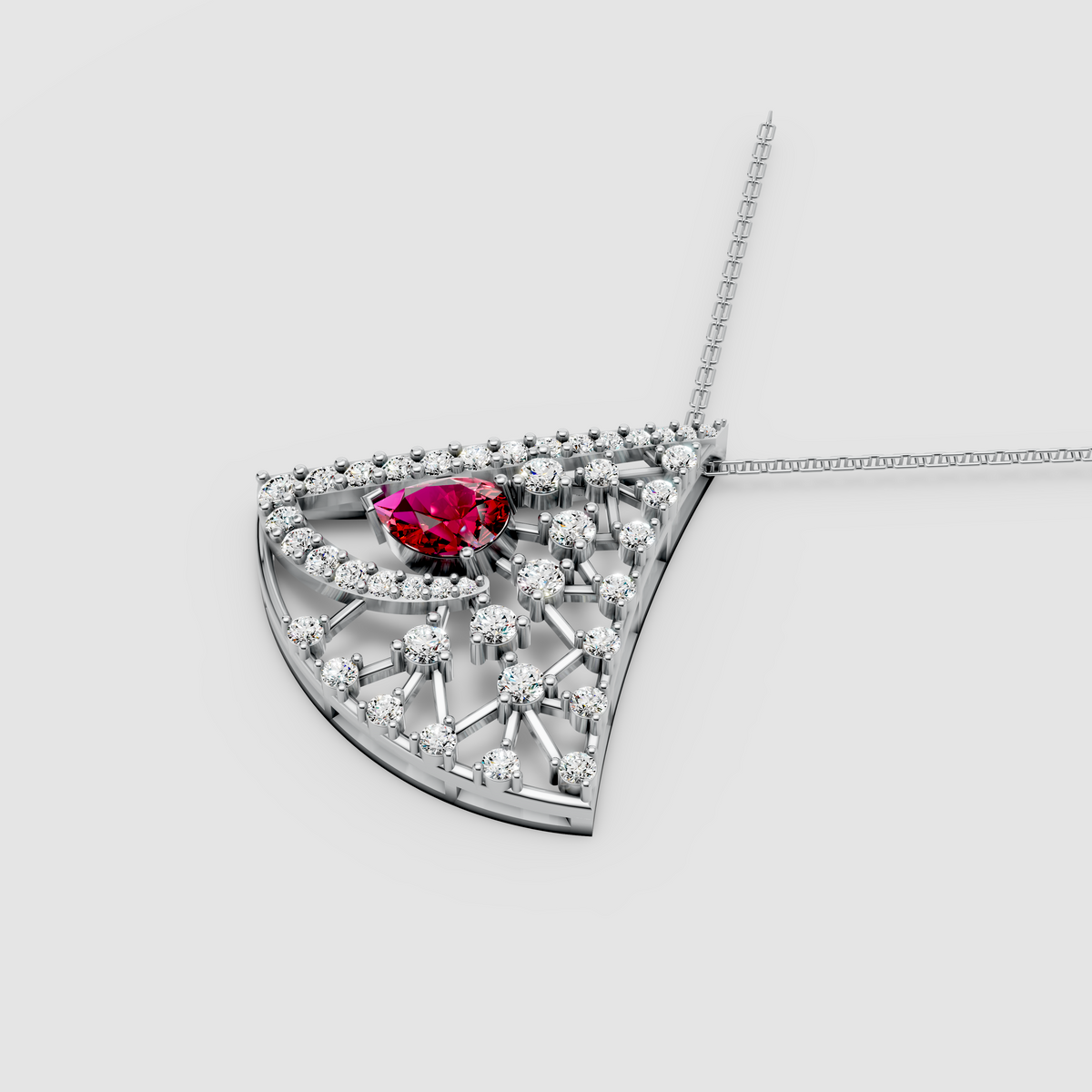 Aurora – Pear Ruby Solitaire Fan-Shaped Pendant with Moissanite in 18KT Gold
