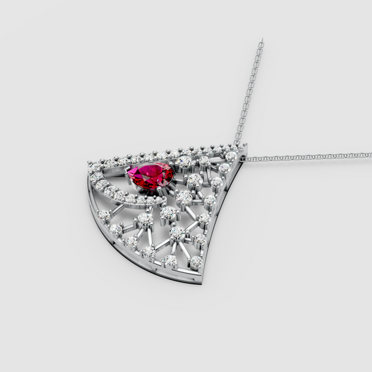 Aurora – Pear Ruby Solitaire Fan-Shaped Pendant with Moissanite in 18KT Gold