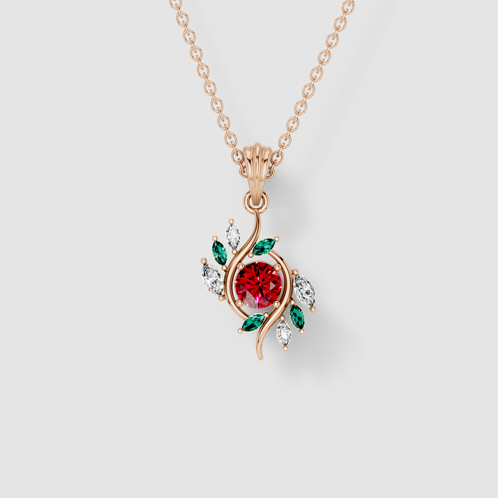 Kathleen - Solid 18K Gold Round Ruby, Emerald & Moissanite Swirl Pendant"