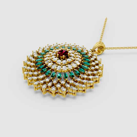 Imperia – 18K Gold Royal Rosette Medallion Pendant with Ruby, Emerald & Moissanite