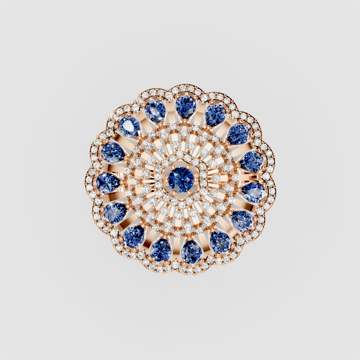 Adeline - Solid 18K Gold Pear Blue Sapphire & Pavé Moissanite Sunburst Ring