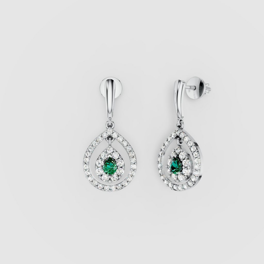 Patricia - 18K Gold Pear Emerald & Double Moissanite Halo Teardrop Drop Earrings"