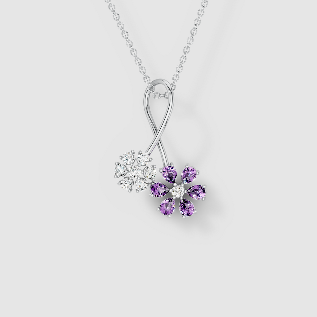 Melissa - Solid 18K Gold Amethyst & Moissanite Twin Floral Twist Pendant"
