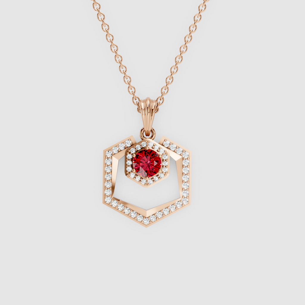Scarlett – 18K Gold Geometric Double Hexagon Ruby & Moissanite Halo Pendant