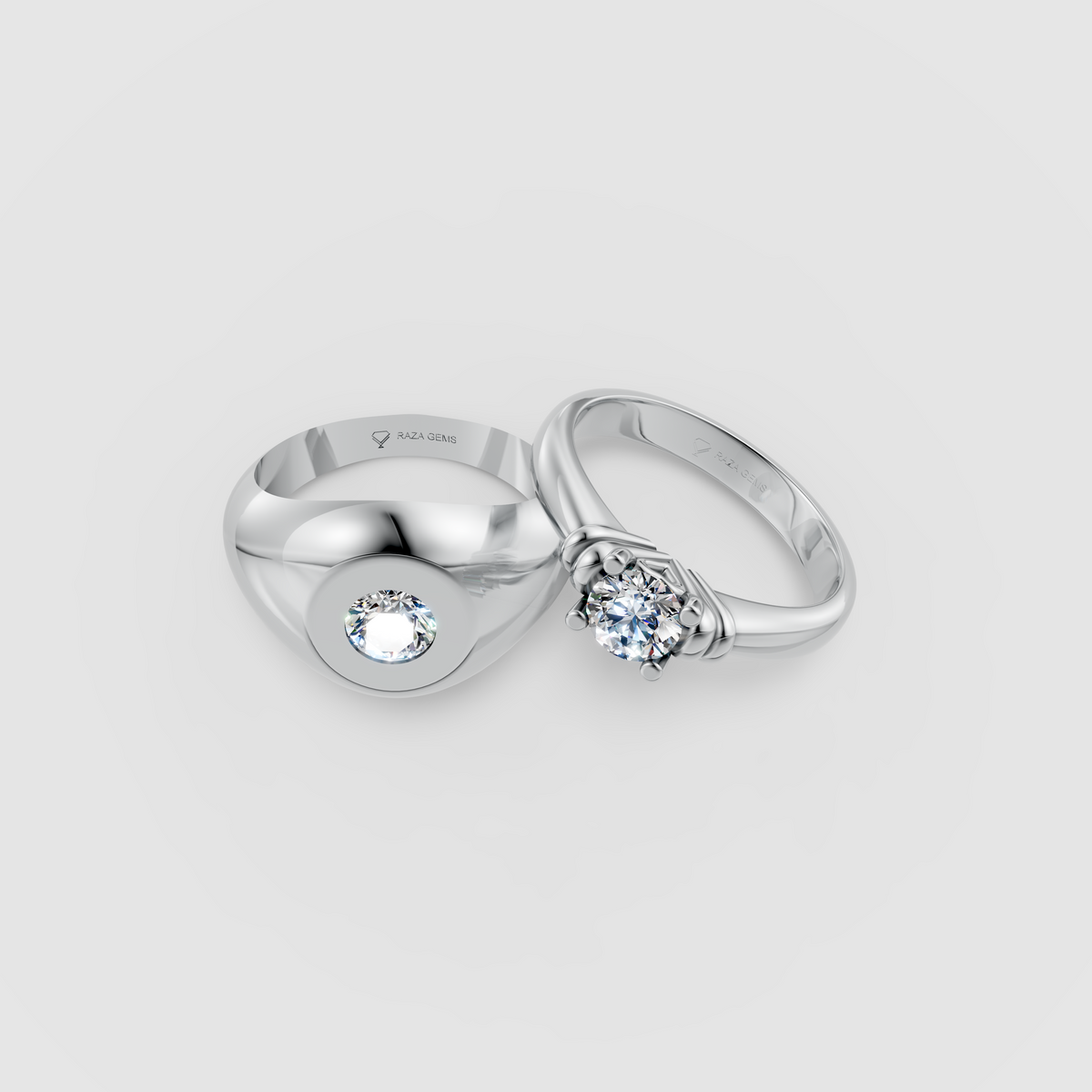 Violet – Modern Moissanite Solitaire & Flush-Set Signet Couple Ring Set in 18KT Gold