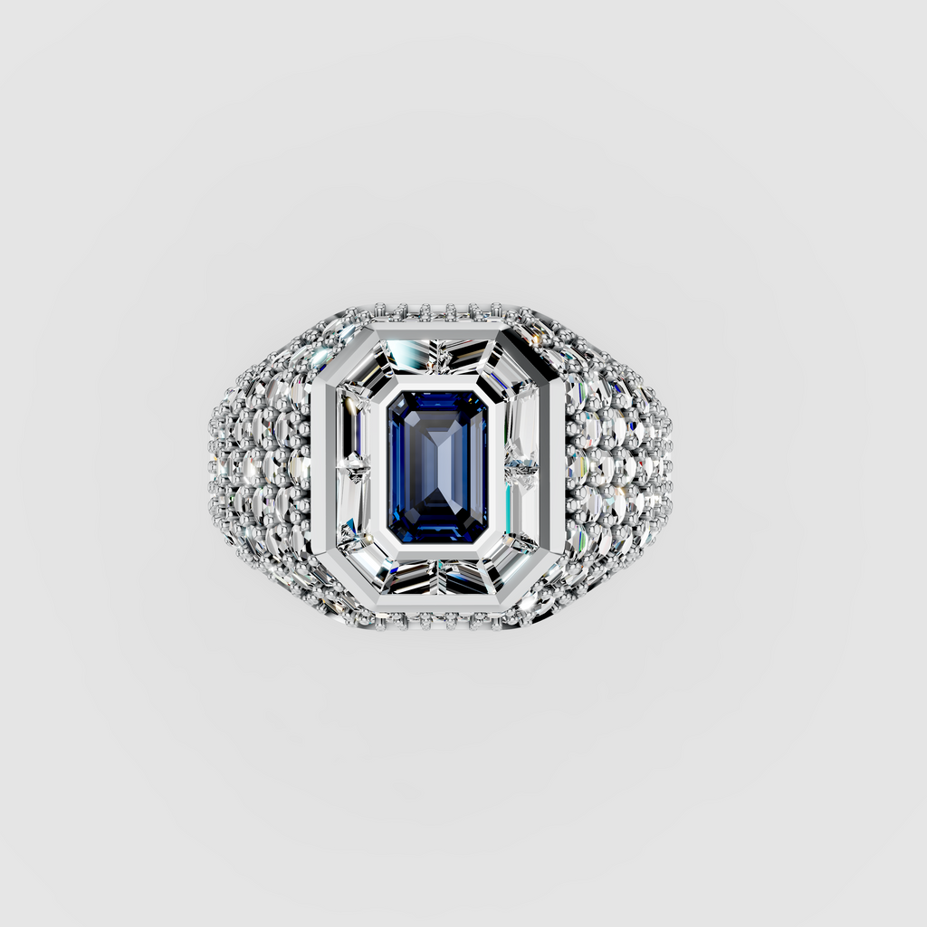 Adeline - Solid 18K Gold Emerald-Cut Sapphire with Baguette & Pavé Moissanite Halo Ring