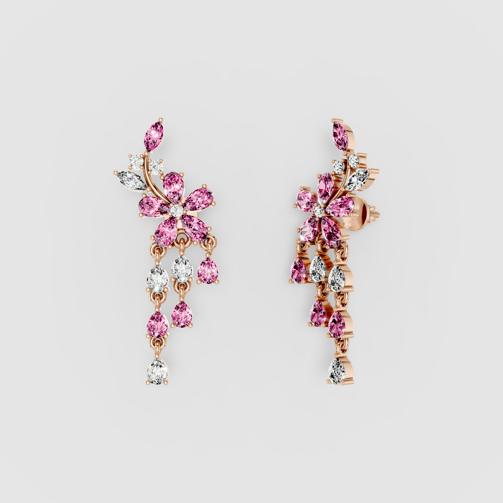 Kathleen - 18K Gold Pink Sapphire & Moissanite Statement Earrings" (Stylish & Direct)