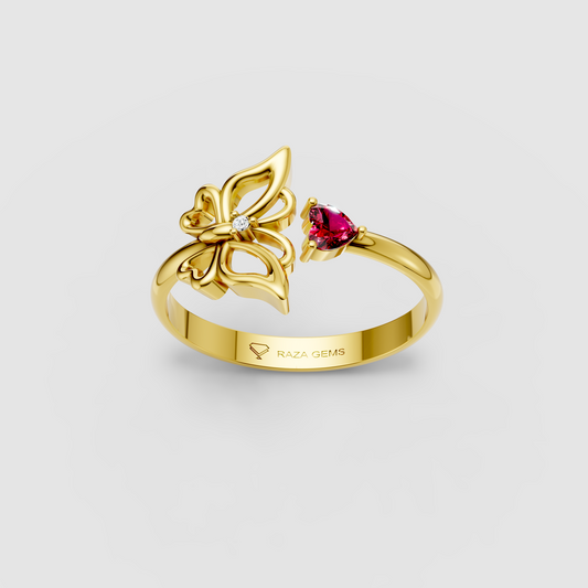 Hazel – 18K Gold Heart Ruby & Moissanite Butterfly Bypass Ring