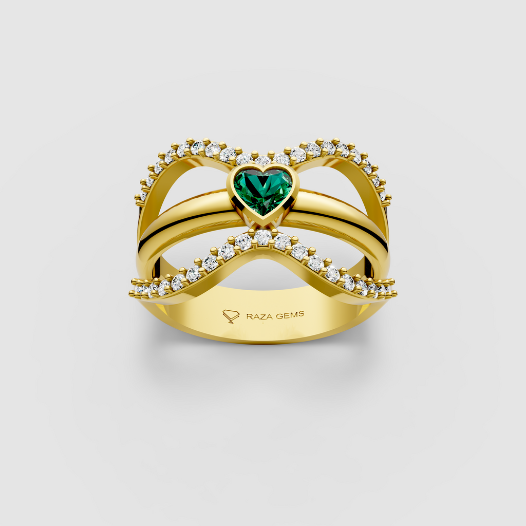 Imogen – 18K Solid Gold Heart Emerald & Moissanite Wide Band Ring
