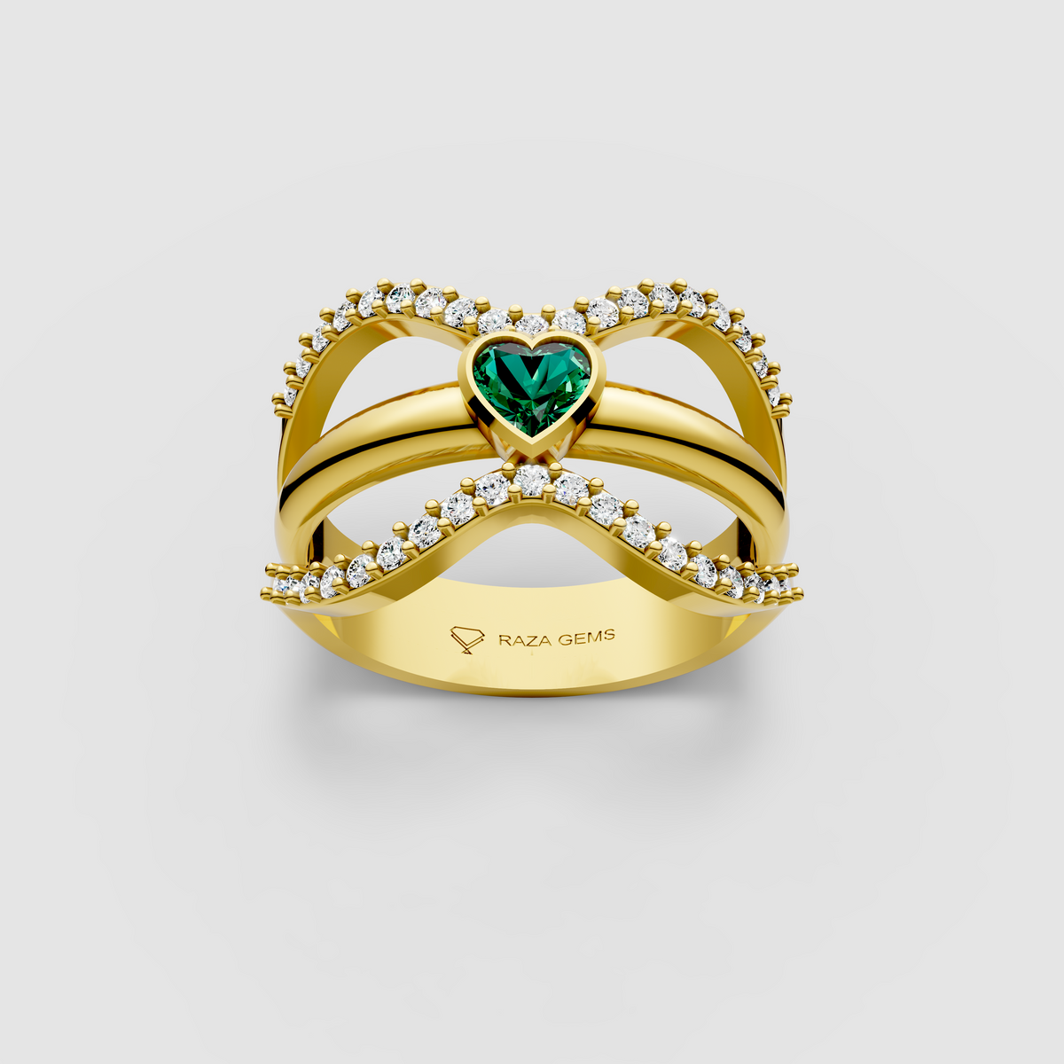 Imogen – 18K Solid Gold Heart Emerald & Moissanite Wide Band Ring