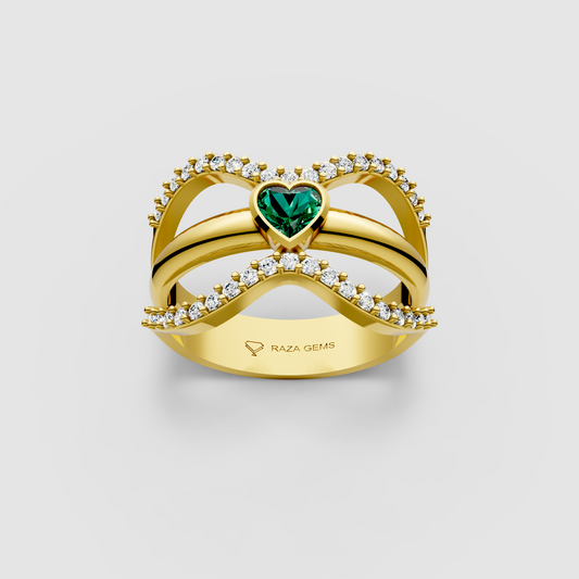 Imogen – 18K Solid Gold Heart Emerald & Moissanite Wide Band Ring