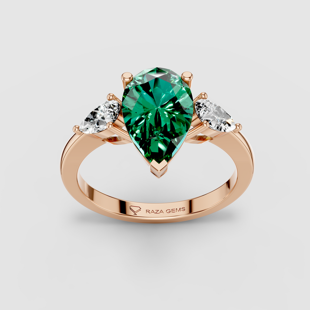 Sophia - Solid 18K Gold Pear Emerald with Pear Moissanite Side Stones